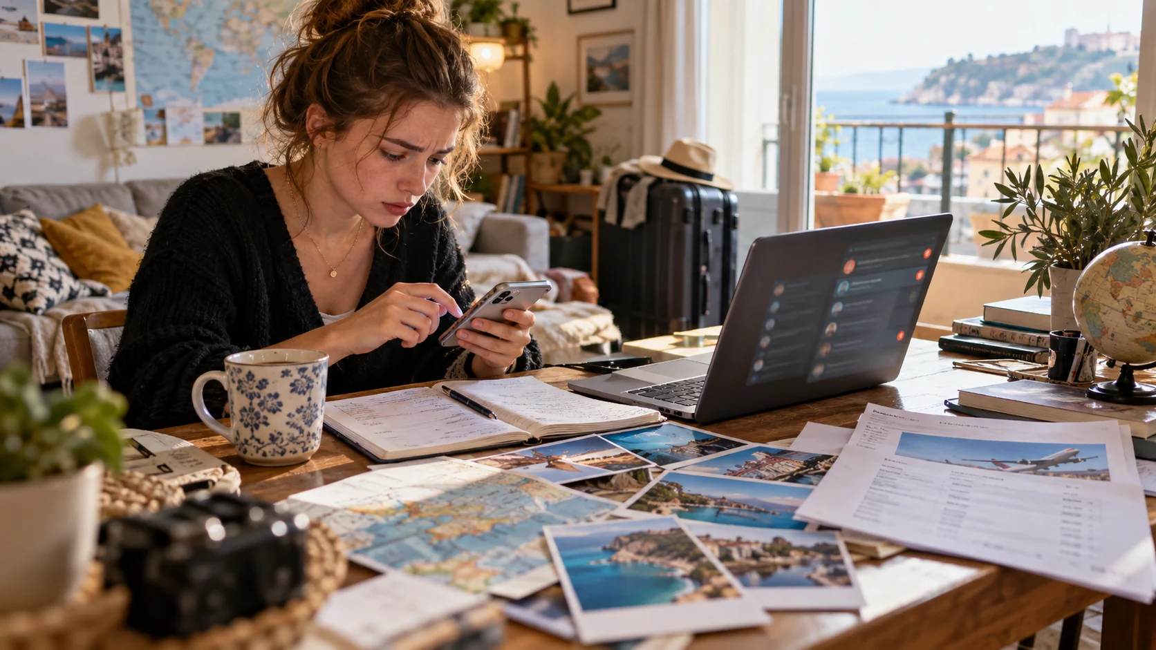 Giovane consulente di viaggio alle prese con messaggi e preventivi senza un sistema di lavoro